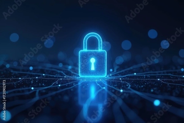 Fototapeta Glowing blue padlock with a keyhole on a dark surface with network lines and bokeh lights around it