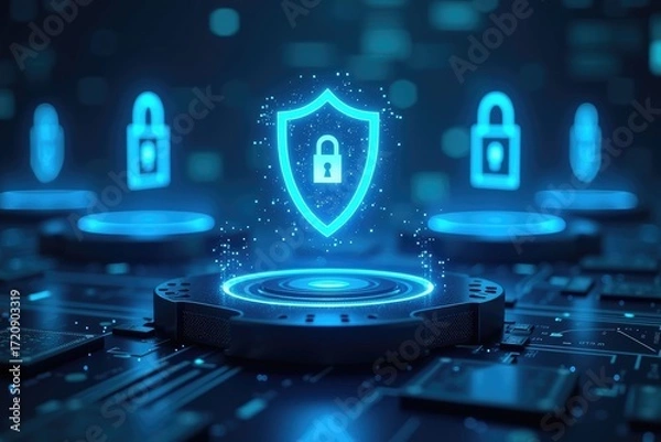 Fototapeta Glowing shield and padlock icons on a platform with circuit board design in blue futuristic setting