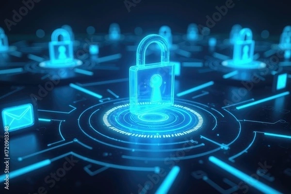 Fototapeta Glowing blue padlock on a digital network with email icons and circular patterns in the background