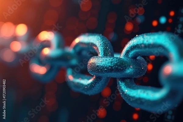 Fototapeta Close up view of a metal chain with water droplets and blurred lights in the background showing depth