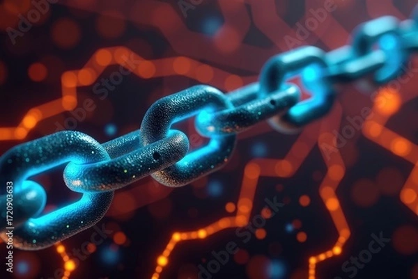 Fototapeta A digitally rendered chain with glowing links against a blurred orange circuit board background