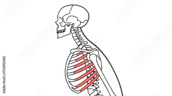 Fototapeta Anatomical Illustration of Human Skeletal Structure with Red Highlighted Ribs