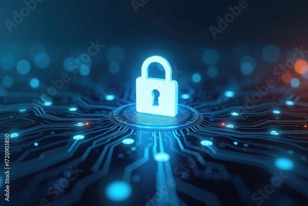 Fototapeta A glowing padlock icon atop a circular circuit board with blue lights and dark background design art