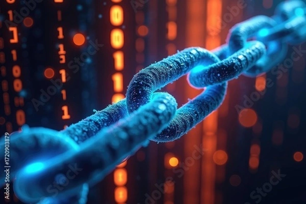 Fototapeta A close up view of a blue chain with binary code in the background and soft focused orange lights