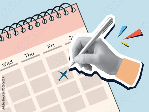 Fototapeta A black and white hand draws a plane silhouette in a calendar. Date of a flight. Modern photo collage style. Vector illustration