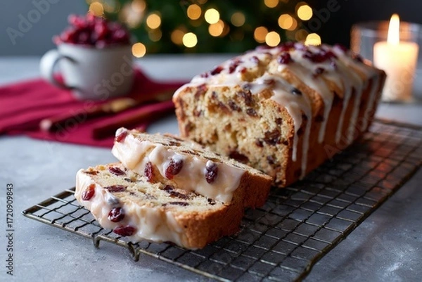 Fototapeta Sliced cranberry orange loaf with glaze on cooling rack in holiday setting