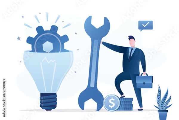 Fototapeta Businessman build gear in idea lightbulb. Innovation or product development, idea or solution to solve business problem. Brainstorming, technology creation to build new product