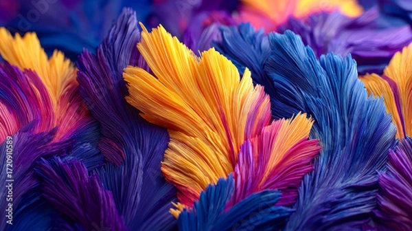 Fototapeta A colorful array of feathers with a mix of blue, yellow, and orange colors. The feathers are arranged in a way that creates a sense of movement and energy. The image conveys a feeling of freedom