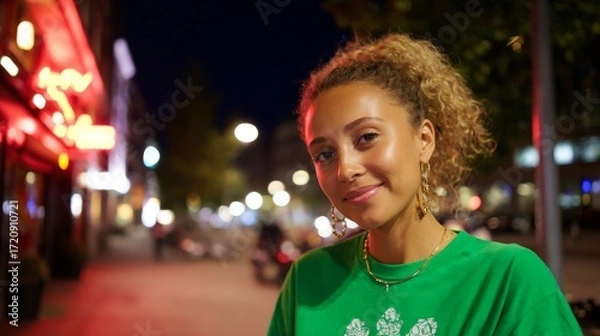 Fototapeta Smiling young adult female with curly hair on nighttime city street