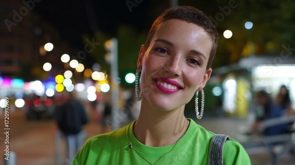 Fototapeta Smiling young caucasian female in green shirt at nighttime city street scene