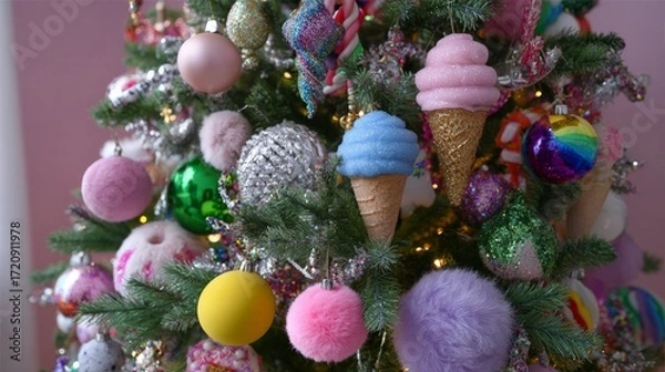 Fototapeta Vibrant christmas tree decorated with ice cream cones and colorful ornaments