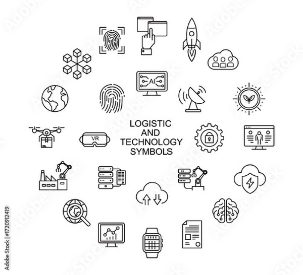 Obraz Logistics and Technology Symbols, Simple Flat Design Vector Icons on a White Background