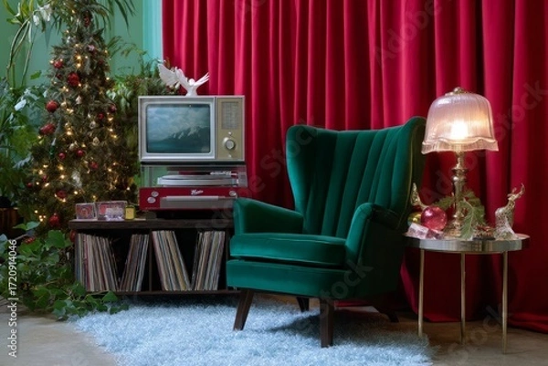 Fototapeta Vintage holiday living room with retro tv and festive decor