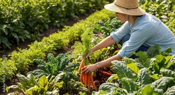 Fototapeta Woman harvesting fresh organic carrots in a sunny vegetable garden. Farmer picking produce on a local farm. Healthy eating and farm-to-table concept