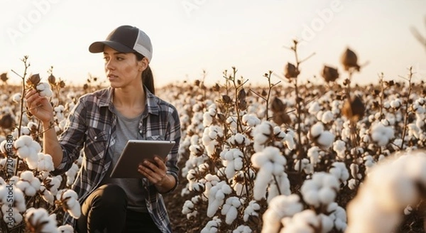 Fototapeta A female farmer uses a tablet to inspect a cotton crop in a field. Agronomist applying smart farming technology. Modern agriculture concept