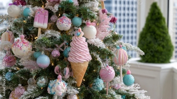 Fototapeta Whimsical christmas tree with candy-themed ornaments and pastel decorations