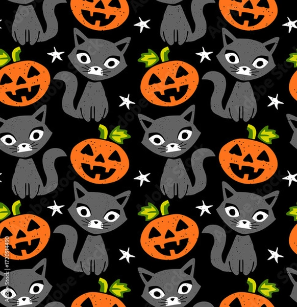 Fototapeta cute Halloween seamless pattern, abstract pumpkin and cat design texture 