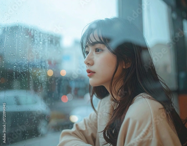 Fototapeta 窓越しに雨を見つめる女性のポートレート