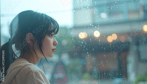 Obraz 窓越しに雨を見つめる女性のポートレート
