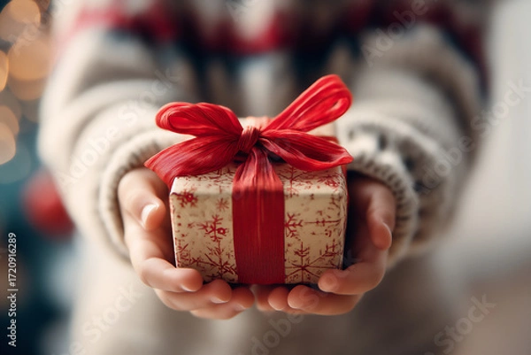 Fototapeta 子どもの手とクリスマスギフト