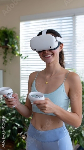 Fototapeta Young adult hispanic female engaging with virtual reality headset in bright living room