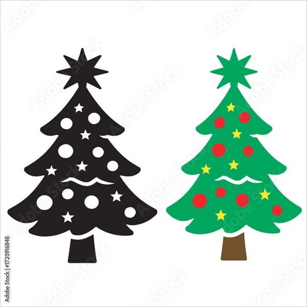 Obraz Christmas Tree Icon Set: Decorated Evergreen Silhouette and Color Vector Graphic for Holidays