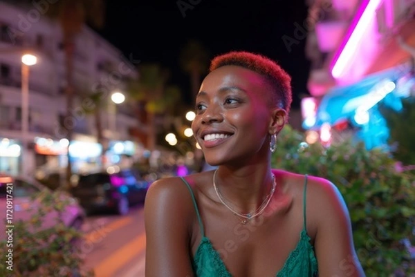 Fototapeta Young african female smiling at night in vibrant city street with neon lights