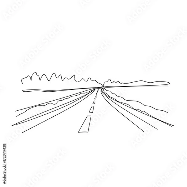 Fototapeta Open road with landscape in minimalist black line art style