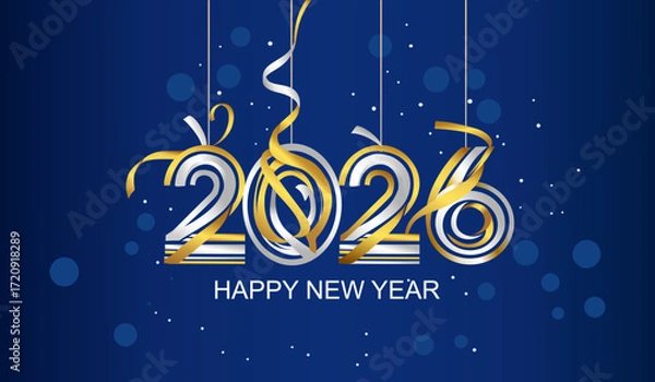 Fototapeta Elegant Happy New Year 2026 design with shiny golden numbers and festive blue background. Perfect for holiday celebration and greeting.