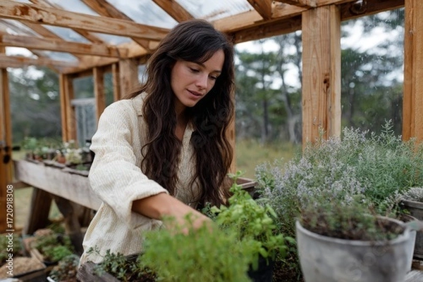 Fototapeta Young caucasian female gardening in a greenhouse with potted plants