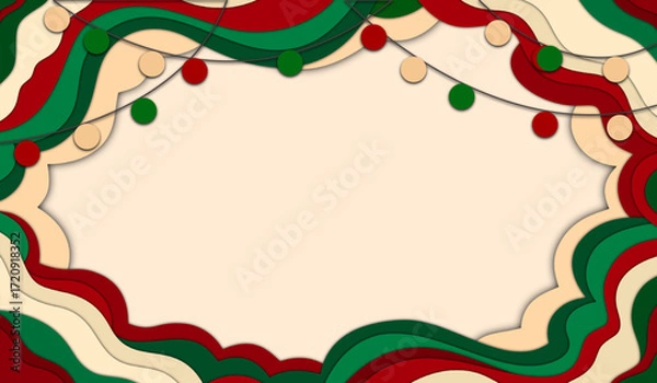 Fototapeta Decorative Christmas frame with red and green wavy border and festive string lights. Ideal for holiday greeting and seasonal design.