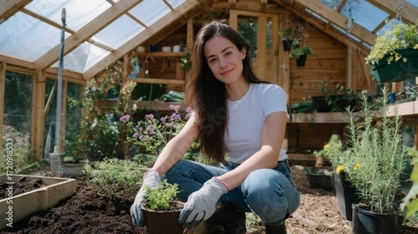 Fototapeta Young caucasian female gardening in greenhouse with potted plants and flowers