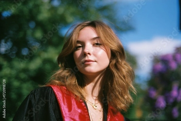 Fototapeta Young caucasian female graduate in outdoor setting with red gown