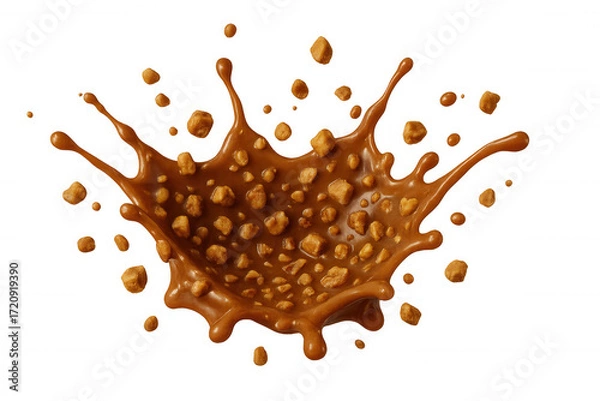 Fototapeta Caramel dessert sauce liquid splash with toffee crunch candy pieces exploding, transparent background