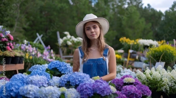 Fototapeta Young caucasian woman in hat with hydrangeas at outdoor flower market