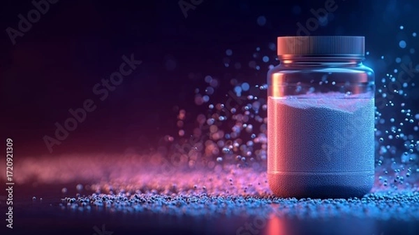 Fototapeta Creatine jar with energy particles around, abstract neon background, futuristic fitness concept