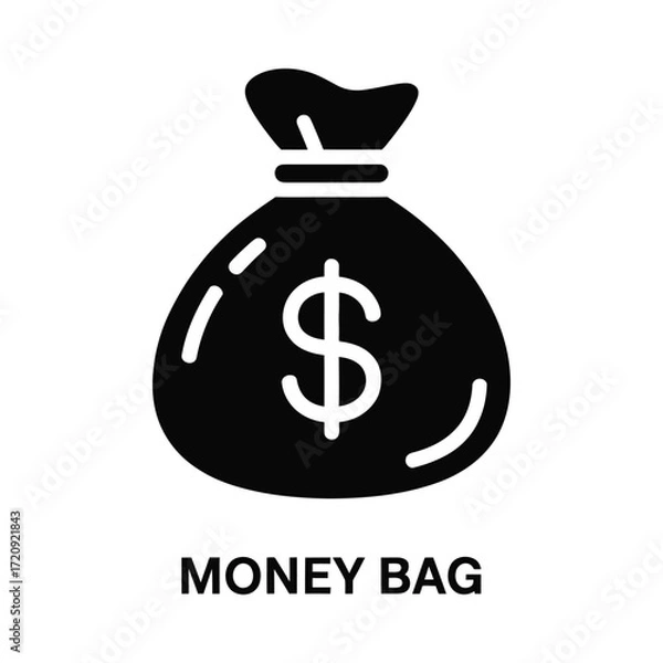 Obraz Simple black money bag icon with dollar sign and text for finance and wealth concepts