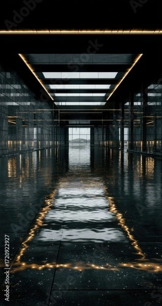 Obraz Sleek, dark corridor with reflective floor, illuminated by warm overhead lights, leading to a light-filled exit.  Rain-slicked surface reflects the lighting