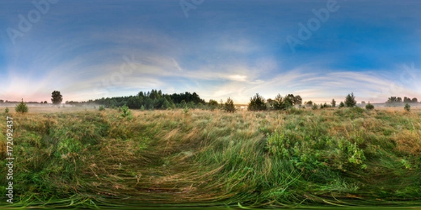 Fototapeta 3D spherical panorama with 360 viewing angle. Ready for virtual reality or VR. Full equirectangular projection. Sunrise in the field. Little fog.