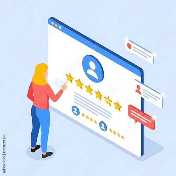 Fototapeta Woman giving a five star rating on a website review interface with comments and notifications