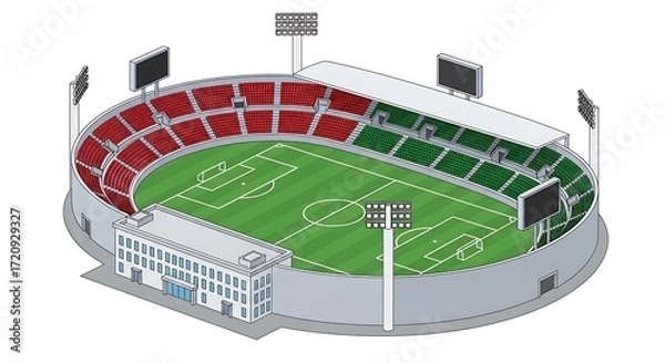 Fototapeta Aerial view of a modern soccer stadium with green and red seating and a well maintained pitch