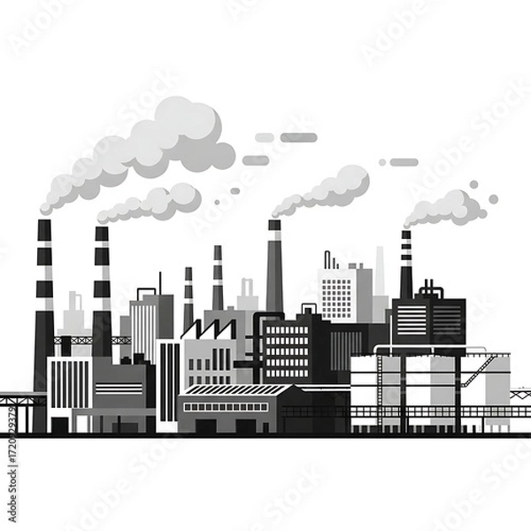 Fototapeta Industrial factory complex with smoke billowing from chimneys against a white background