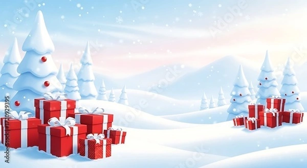 Fototapeta Festive christmas scene with snow covered trees and piles of red gift boxes