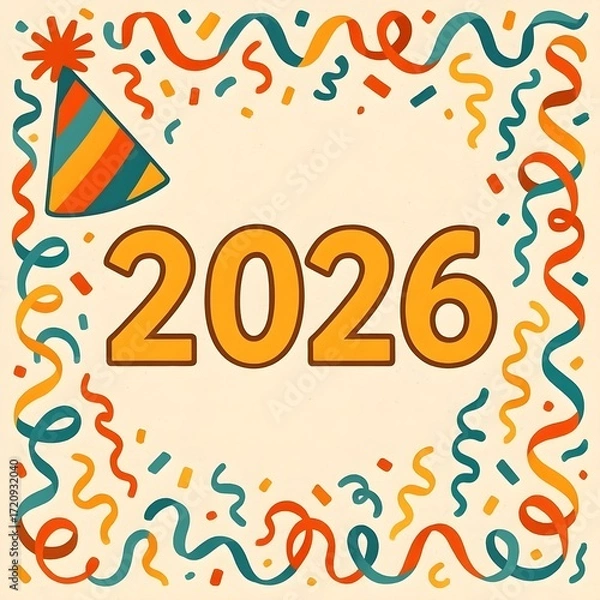 Fototapeta Party hat and streamer border with 2026 text.