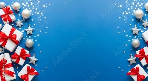 Fototapeta Festive christmas gifts and ornaments arranged on a vibrant blue background with sparkles
