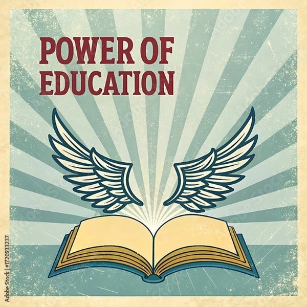 Fototapeta Knowledge takes flight—an open book with wings radiates the power of education against a vintage, textured backdrop.