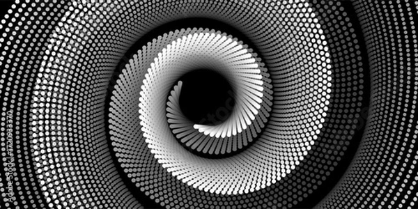 Fototapeta Abstract spiral pattern made of white dots on a black background. The dynamic, optical illusion effect creates depth and motion, perfect for modern design, posters or digital art projects.