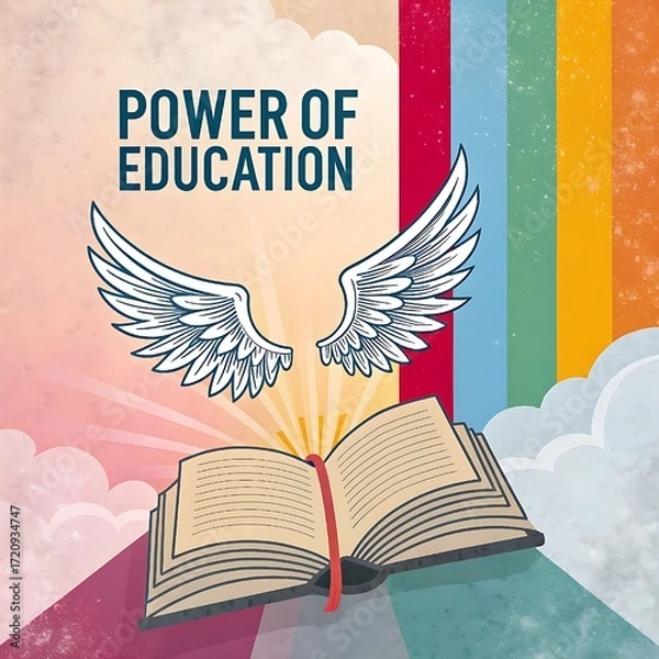 Fototapeta Empowering visual concept of education as freedom—open book with wings and bold typography on a retro-styled background.