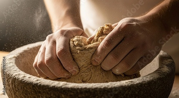 Fototapeta Hands kneading rustic dough in a stone bowl, for World Food Day, traditional baking, and sustainable food concepts