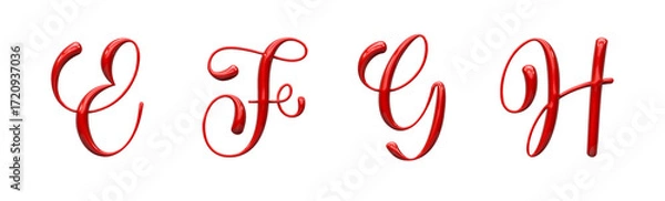 Fototapeta set of letters made of red glossy plastic, calligraphic style, typographic design, uppercase letter F, G, H, E